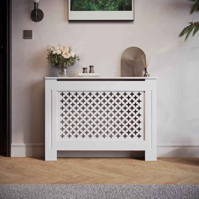 Habillage de radiateur Sonni Couverture de radiateur Couverture de radiateur 112x19x81.5cm Grille croisée blanche