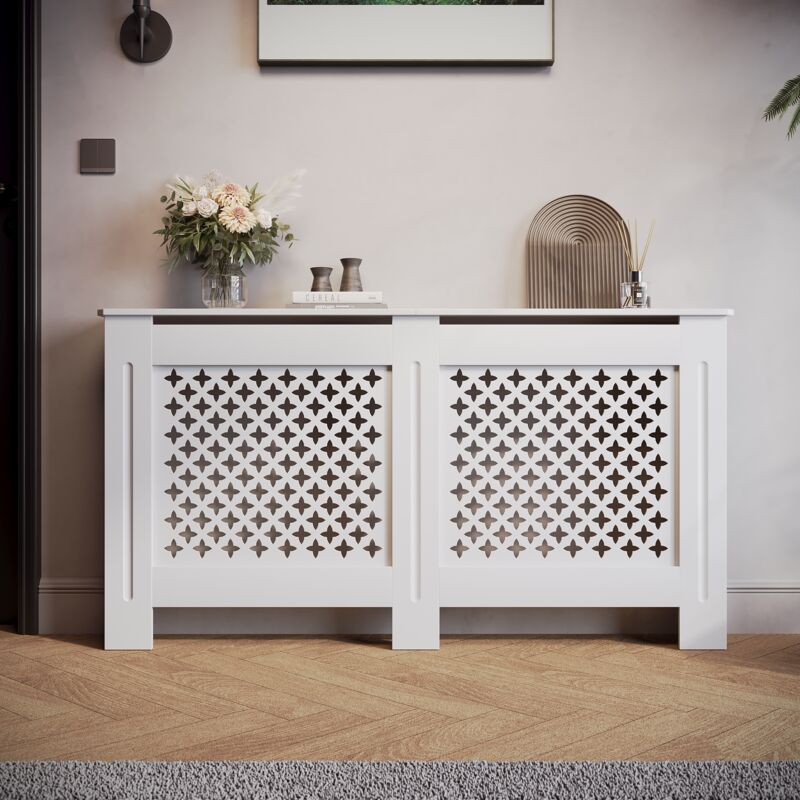 Habillage de radiateur Sonni Couverture de radiateur Couverture de radiateur 152x19x81.5cm Grille croisée Blanc