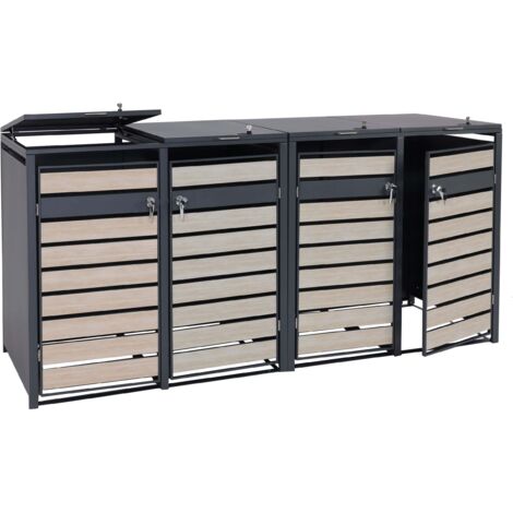 Habillage pour 4 poubelles hwc-j81 bac à poubelles extensible métal 100kg anthracite aspect bois de hêtre marron clair