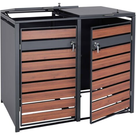 Habillage pour poubelle x l 2/4 hwc-j81 coffre pour poubelle à roulettes en métal 59kg anthracite aspect bois de cerisier marron foncé