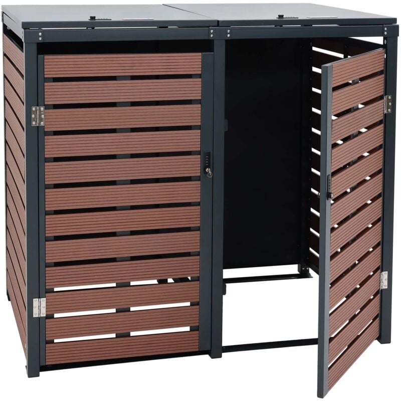 Abris pour poubelles verrouillable avec deux compartiments 119 x 140 x 102 cm wpc métal aspect bois de noyer 040007015