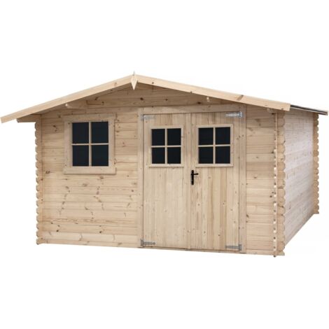 Habitat Et Jardin – Abri de jardin en bois 14m² – Dimensions extérieures 388 x 298 x 225 cm – Madriers 28 mm – Double porte vitrée avec fenêtres