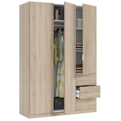 Habitat Et Jardin – Armoire 3 portes battantes 3 tiroirs chêne canadien 135 x 200 x 52 cm – Panneau d'aggloméré 15 mm – Charnières métalliques – Tringle extractible