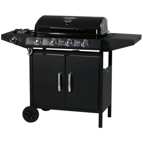 Habitat Et Jardin – Barbecue à gaz 5 brûleurs 9.6 kW + 1 latéral 3.3 kW – Surface de cuisson 64 x 37 cm – Structure acier – Thermomètre intégré