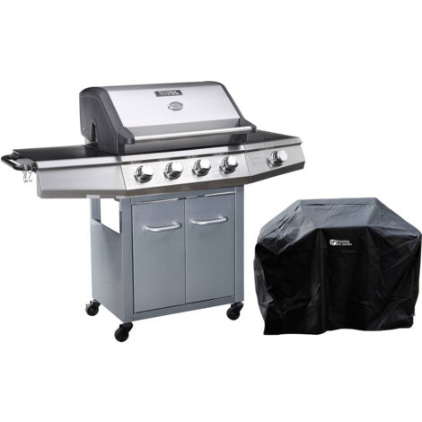 Habitat Et Jardin – Barbecue à gaz 5 brûleurs 15.2kW avec éclairage LED – Housse de protection incluse – Acier inoxydable argenté
