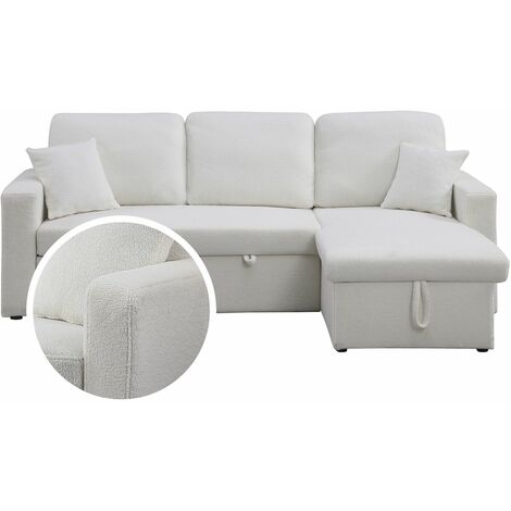Habitat Et Jardin – Canapé d'angle convertible réversible 3 places – Bouclettes blanches – Dimensions 221 x 145 x 85 cm – Coffre de rangement intégré