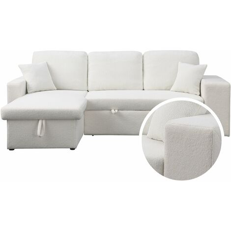 Habitat Et Jardin – Canapé d'angle convertible réversible 3 places en bouclette blanche – Dimensions 233 x 146 x 86 cm – Espace couchage 192 x 136 cm