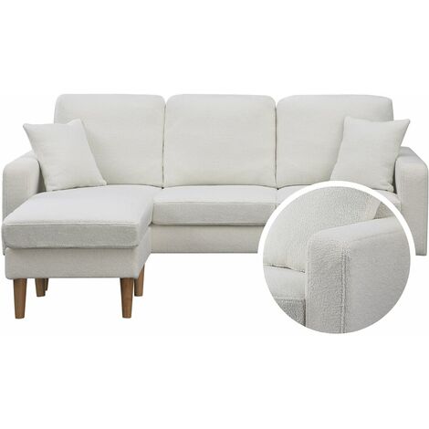 Habitat Et Jardin – Canapé d'angle réversible 3 places en tissu bouclette blanc – Design scandinave – Méridienne gauche/droite – Dimensions 194x75x84cm
