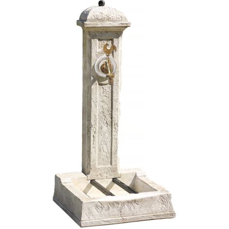 Habitat Et Jardin – Fontaine de jardin Longchamp en pierre reconstituée – Dimensions 0.50 x 0.47 x 1.03 m – Bac avec trou d'évacuation et robinet en laiton