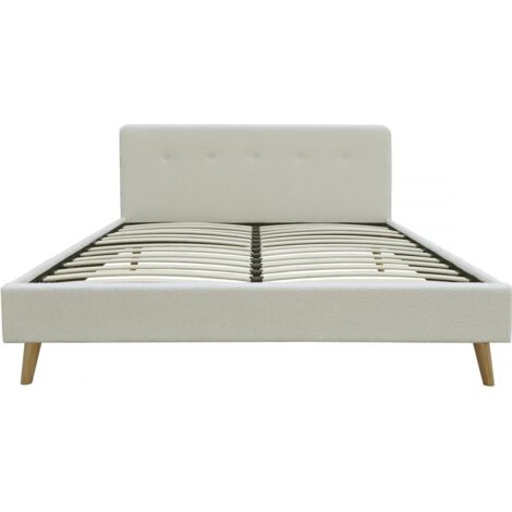 Habitat Et Jardin – Lit adulte tissu bouclette 160x200 cm – Couleur crème – Structure en contreplaqué – Tête de lit capitonnée – Sommier inclus