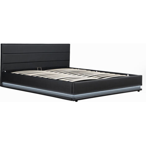Habitat Et Jardin – Lit coffre LED 'Anastasia' 140 x 190 cm – MDF et lin noir – Coffre de rangement intégré – Supporte jusqu'à 250 kg