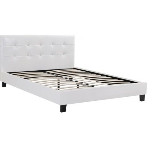 Habitat Et Jardin – Lit double en PVC blanc 180 x 200 cm – Tête de lit capitonnée – Finition brillante en PU – Sommier inclus – Confort optimal