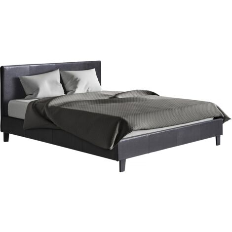 Habitat Et Jardin – Lit Lina 160 x 200 cm en bois noir – 2 sommiers à lattes inclus – Tête de lit – Supporte jusqu'à 150 kg