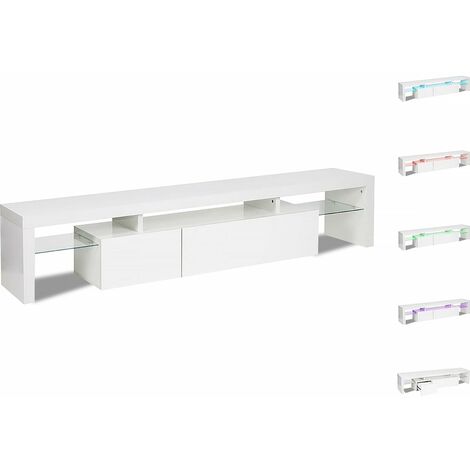 Habitat Et Jardin – Meuble TV LED laqué blanc – Dimensions 187.5 x 34 x 38 cm – Étagères en verre et tiroir – Design moderne pour salon