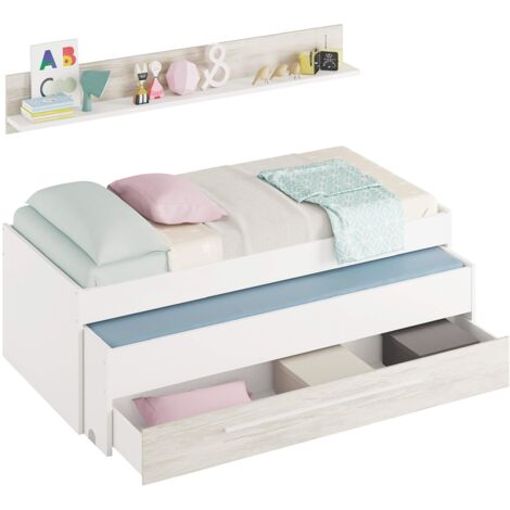 Habitdesign Elliot, Due Letti, cassetto, mensola, Letto per Bambini, Finitura Bianca Artik e Velho, 199 cm (Lunghezza) x 96 cm (Larghezza) x 65 cm (Altezza), Melammina, Twin
