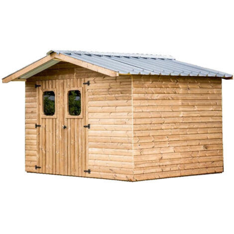 Habrita – Abri de jardin bois 10,60 m² – Bois thermo traité 215°C – Toit bac acier double pente – 2 portes vitrées 1,60 x 1,82 m