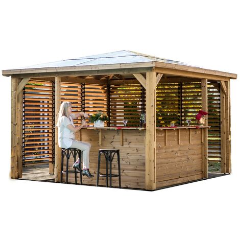 Habrita – Abri de jardin bois thermochauffé 3,79 x 3,79 m – Toit panneaux ACP – 2 parois ventelles mobiles – 2 comptoirs intégrés