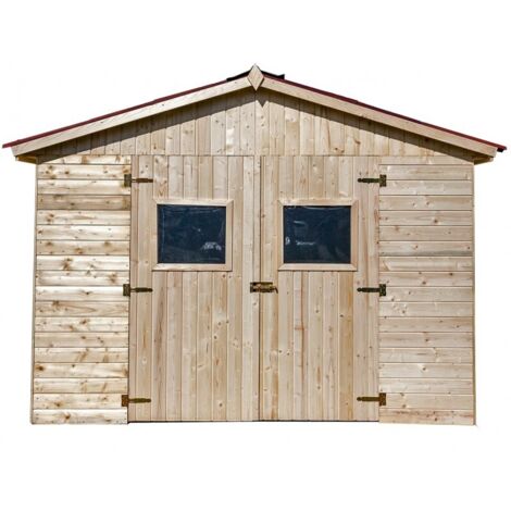 Habrita – Abri de jardin en épicéa massif non traité 16mm – Surface utile 7,62m² – Dimensions 3x3m – Double porte avec lucarne