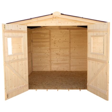 Habrita – Abri de jardin en épicéa massif 16 mm – Double pente avec toiture en plaques ondulées bitumées – Dimensions 2,70 x 2,67 m – Plancher inclus