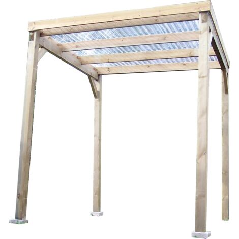 Habrita – Carport toit plat 4 m² – Pin sylvestre traité autoclave – Tôle ondulée transparente – Hauteur de passage 1,97 m – Sans plancher