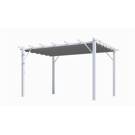 Habrita – Pergola aluminium blanc perle 12 m² – Poteaux 100x100 mm – Toile polyester gris 280 gr/m² – Système de tringle à rails