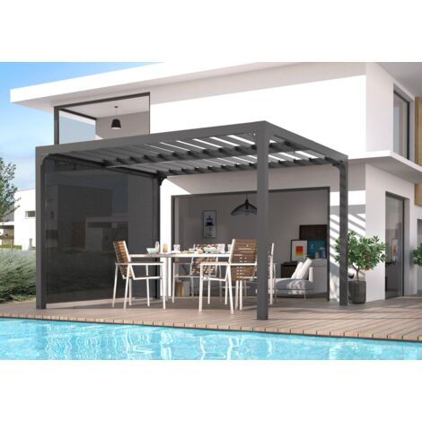 Habrita – Pergola bioclimatique aluminium 10,80m2 – Lames orientables 90° – Rideau latéral gris 3m – Capacité 8 personnes – Structure autoportante