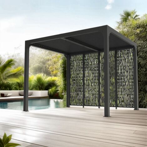 Habrita – Pergola bioclimatique aluminium 240x300 cm – Toit à ventelles orientables jusqu'à 90° – Panneaux latéraux imitation bois – Résistante aux intempéries