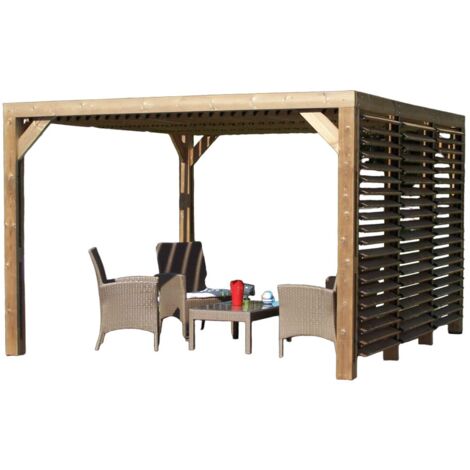 Habrita – Pergola en bois massif traité 341 x 313 cm – Ventelles mobiles orientables – Visserie inox – Hauteur 205 cm – Surface 10,67 m²