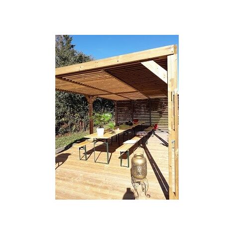 Habrita Pergola grandes dimensions en bois - toit et 1 mur en ventelles mobiles - 341 x 614 cm