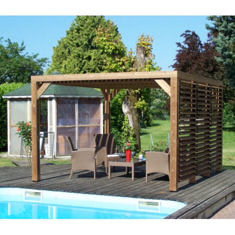 HABRITA Pergola Thermauvent - Bois thermochauffé - Ventelles mobiles sur le toit et 1 paroi - Visserie inox - 3,41 x 3,13 m
