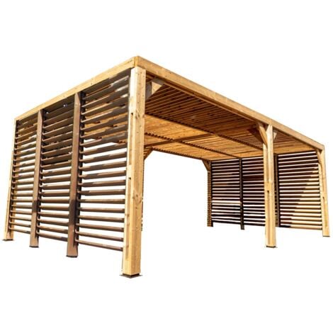 HABRITA Pergola Thermauvent - Bois thermochauffé - Ventelles mobiles sur le toit et 2 parois - 3,41 x 6,14 m