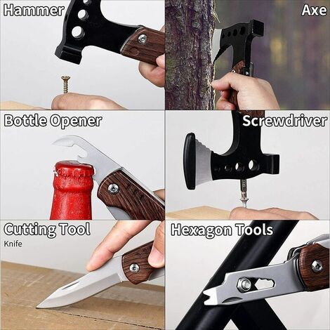 Hache de camp multitool, mini hachette de survie en acier inoxydable, outils à main EDC 8 en 1 pour homme, y compris étui de protection, gaine multitool, adaptée à la pêche, à la survie en milieu sauv