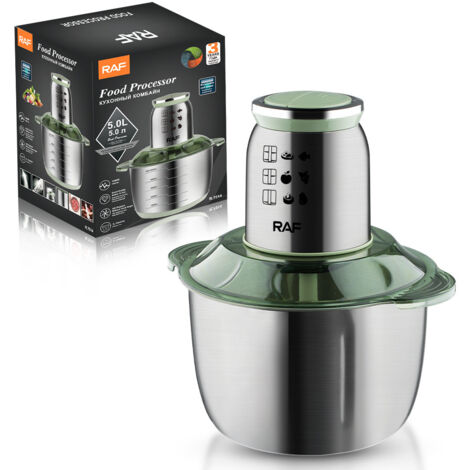 Hachoir à viande électrique multifonctionnel en acier inoxydable 5 l, pour usage domestique, marque RAF, conforme aux normes européennes et américaines.