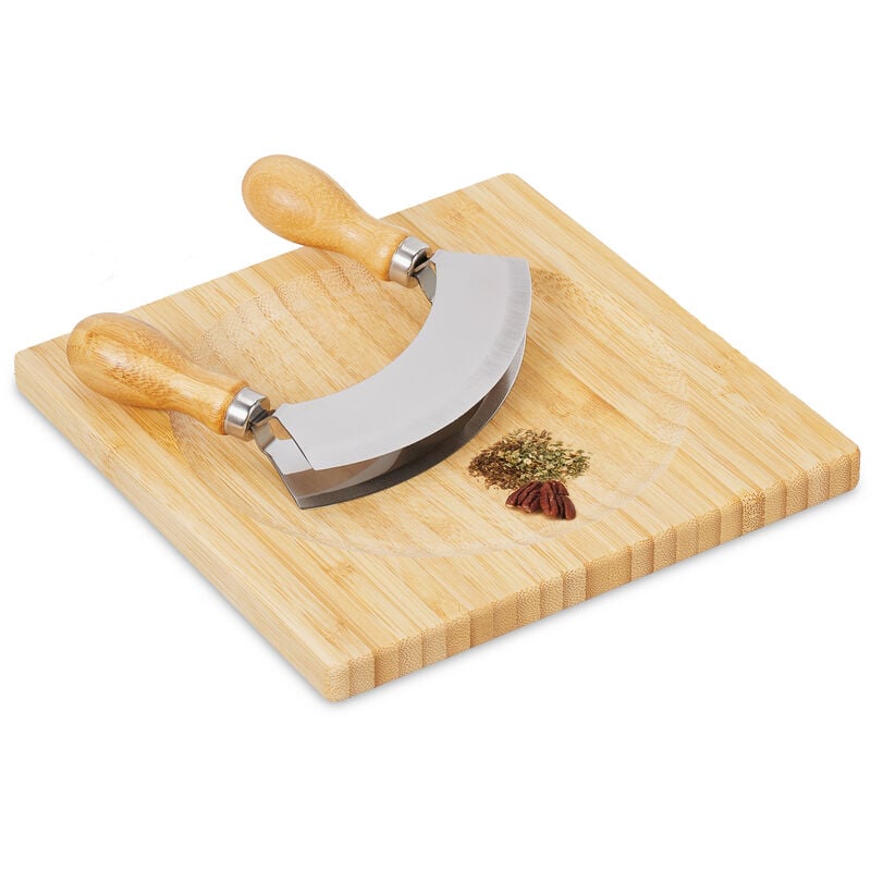Hachoir berceuse avec planche, bambou & acier inoxydable, couteau à double lame, 20x20 cm, nature - argenté - Relaxdays