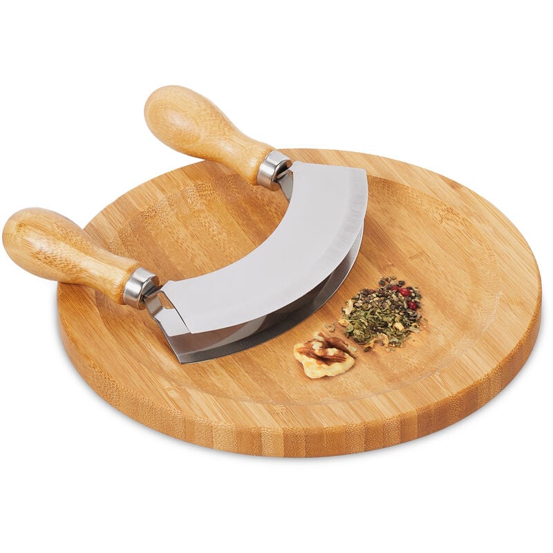 Relaxdays - Hachoir berceuse avec planche, bambou & acier inoxydable, double lame, diamètre de 20 cm, nature - argenté