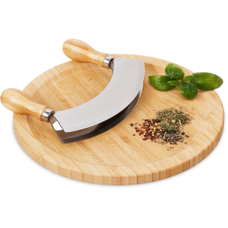 Relaxdays - Hachoir berceuse avec planche, bambou & acier inoxydable, double lame, diamètre de 25 cm, nature - argenté