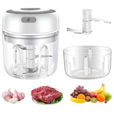 Hachoir de cuisine électrique rechargeable : capacité 250 ml, mini hachoir à oignons, coupe-légumes électrique avec lame (blanc)