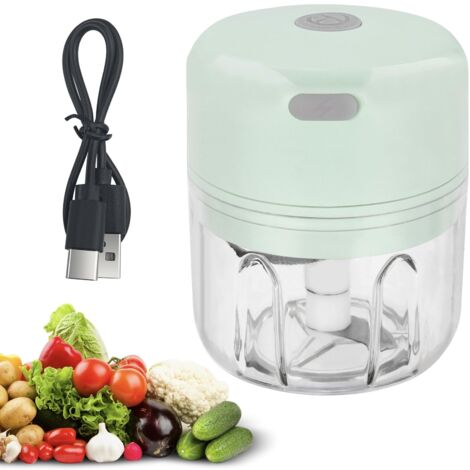 Hachoir Électrique 250 ml, Mixeur Hachoir Rechargeable USB, Portable Mini Coupe Legumes avec 3 Lames en Acier Inoxydable pour Oignon, Ail, Viande, Légumes et Les Fruits (Vert)