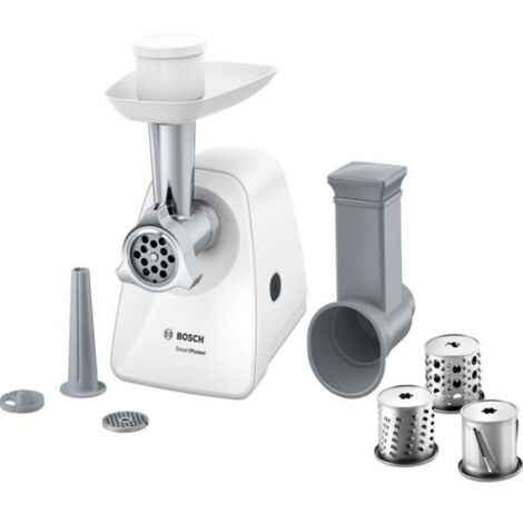 Hachoir Electrique  a viande - BOSCH - MFW2514W SmartPower - Blanc - moteur bloqué 1500 W - 1,7 kg/mn - 2 grilles de hachoir - râpeur/émi
