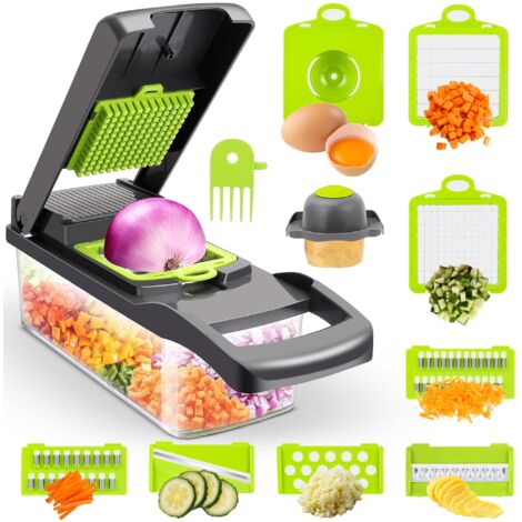 Hachoir multifonctionnel 15 en 1 pour fruits et légumes - Tranche, coupe en dés et plus encore pour salades, etc., noir et vert