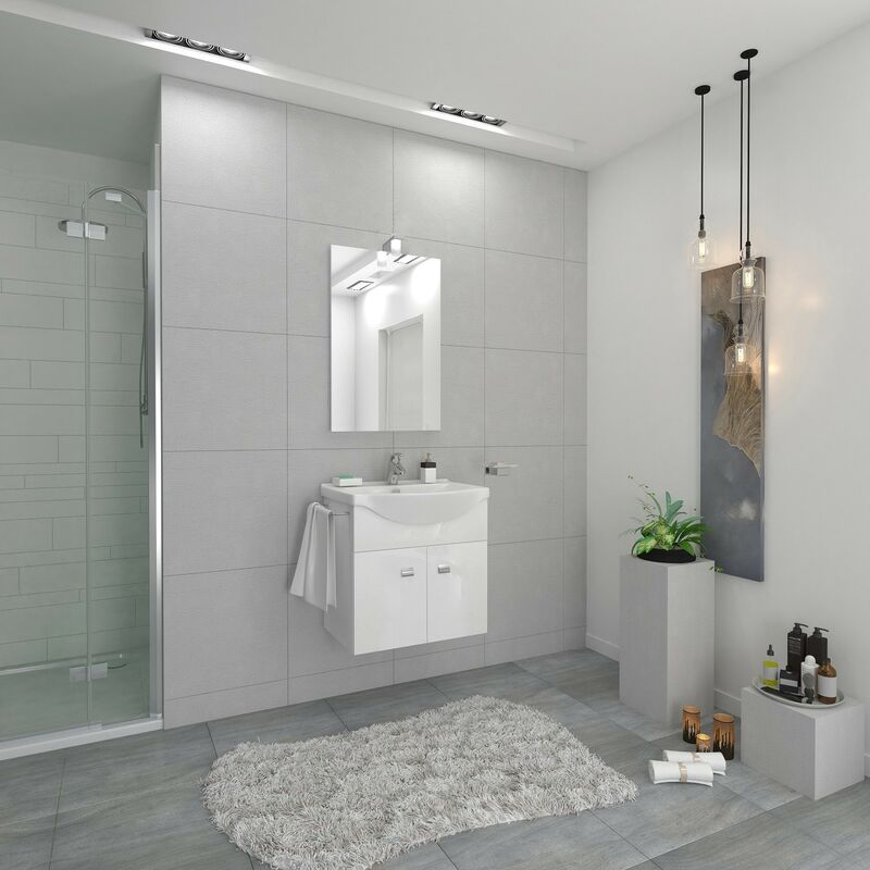 Hänge Badmöbel 55 cm aus Glänzendes Weiß Holz mit Spiegel und Waschtisch | Glänzendes Weiß - Standard - 55 cm
