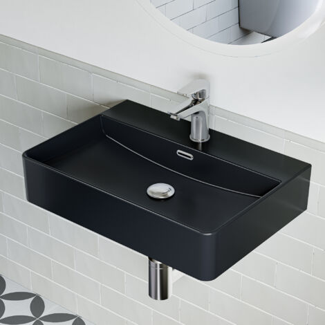 Hänge Waschbecken Wandmontage Keramik Hängewaschbecken Schwarz Rechteckig Aufsatzwaschbecken mit Hahnloch und Überlauf für Klein Gäste WC