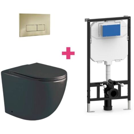 Hänge-WC GENOVA Komplett-Set schwarz mit rechteckiger goldfarbender Drückerplatte