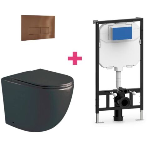 Hänge-WC GENOVA Komplett-Set schwarz mit rechteckiger kupferfarbender Drückerplatte