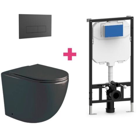 Hänge-WC GENOVA Komplett-Set schwarz mit rechteckiger schwarzer Drückerplatte
