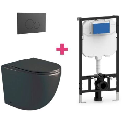 Hänge-WC GENOVA Komplett-Set schwarz mit runder schwarzer Drückerplatte