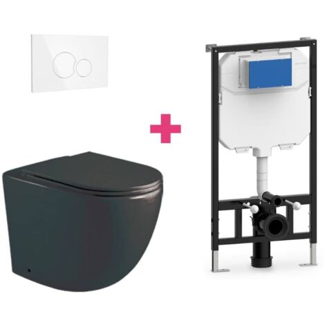 Hänge-WC GENOVA Komplett-Set schwarz mit runder weißer Drückerplatte