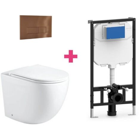 Hänge-WC GENOVA Komplett-Set weiß mit rechteckiger kupferfarbender Drückerplatte