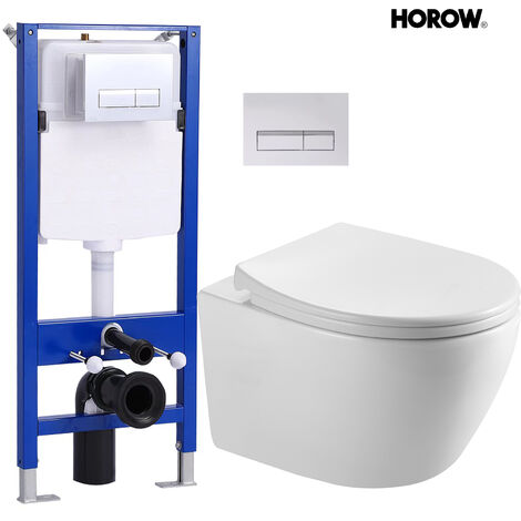 Hänge WC Kompakte Toilette aus Keramik mit Toilettendeckel mit Absenkautomatik - Toilettenschüssel mit Einloch-Superspin-Spülung + Pack Vorwandelement + Betätigungsplatte
