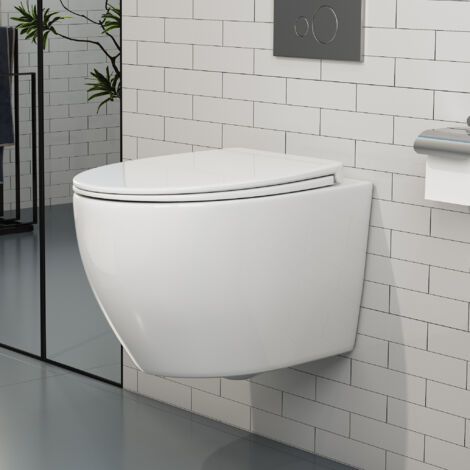 Hänge WC Kompakte Toilette aus Keramik mit Toilettendeckel mit Absenkautomatik - Toilettenschüssel mit Einloch-Superspin-Spülung - WC Weiß mit Nano Beschichtung für Gäste wc